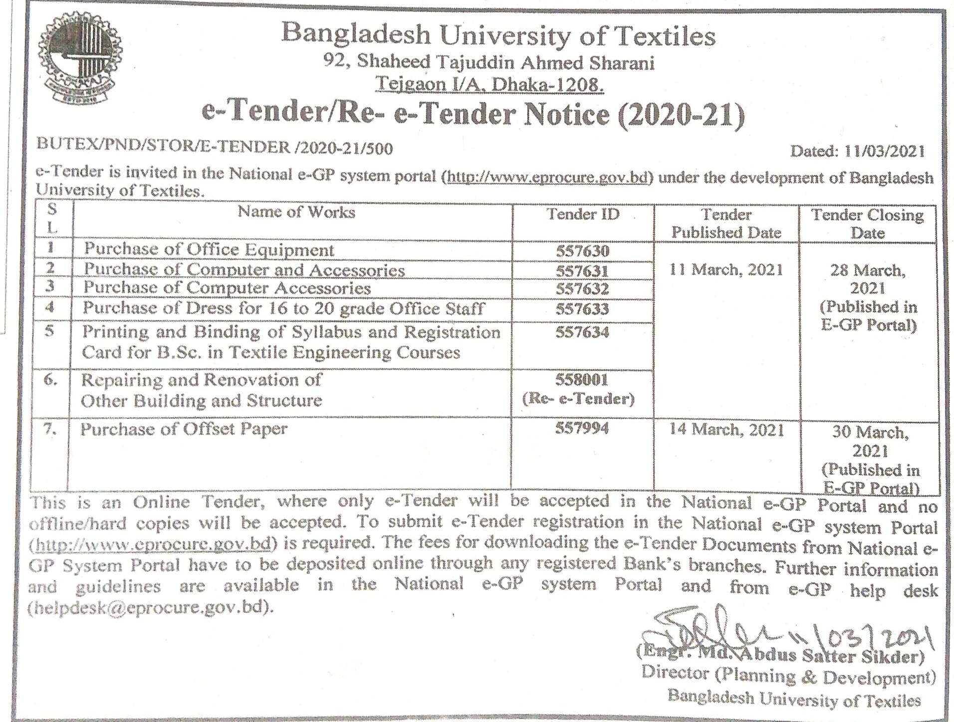 Invitation For Tender- Bangladesh University Of Textiles